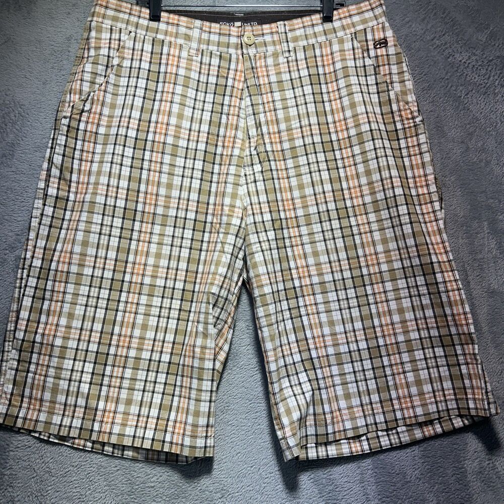 Ecko Unltd. Shorts Men 40 Beige Plaid Chino 14 In Inseam Cotton Pockets Logo Y2K